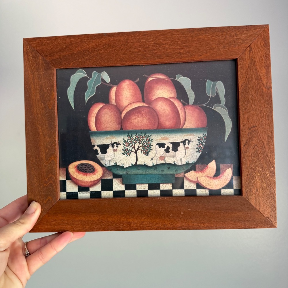 Diane Ulmer Pedersen 1996 Folk Art Peach Bowl Cow Print Framed 10x8 Farmhouse